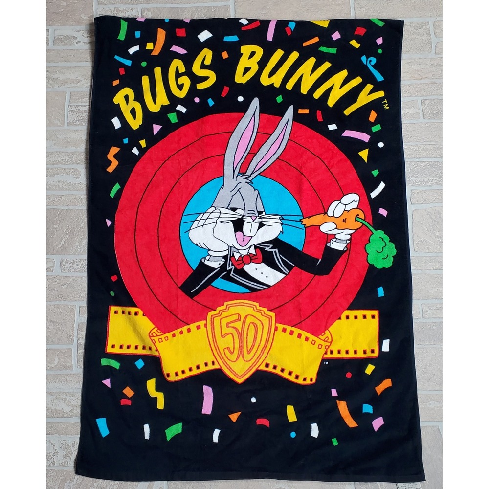 Vintage 1989 Bugs Bunny 50th Anniversary Beach Towel Franco Looney Tunes 29x57